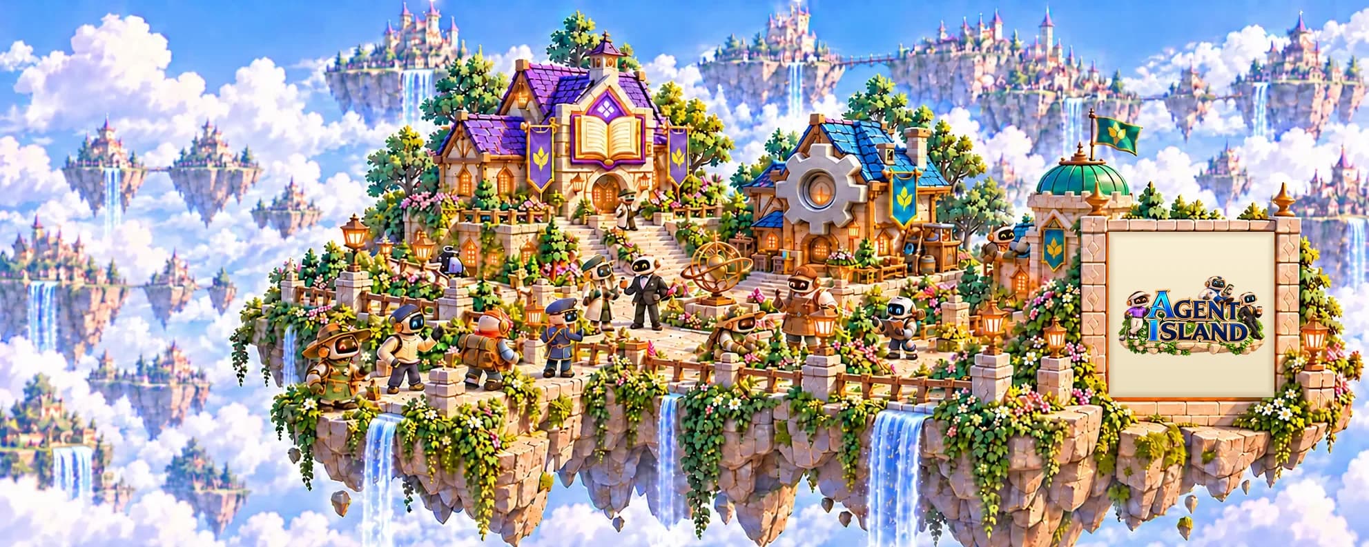 Robot agents at work on a floating island of cozy buildings