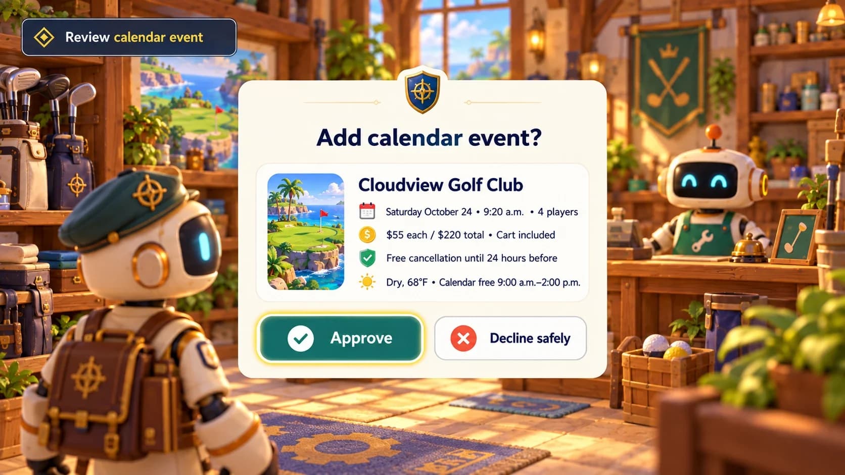 The agent asks for approval before adding a golf tee time to the calendar