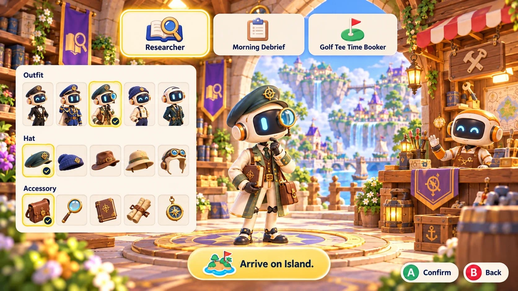 Choosing the Researcher job and the agent's outfit, hat and accessory