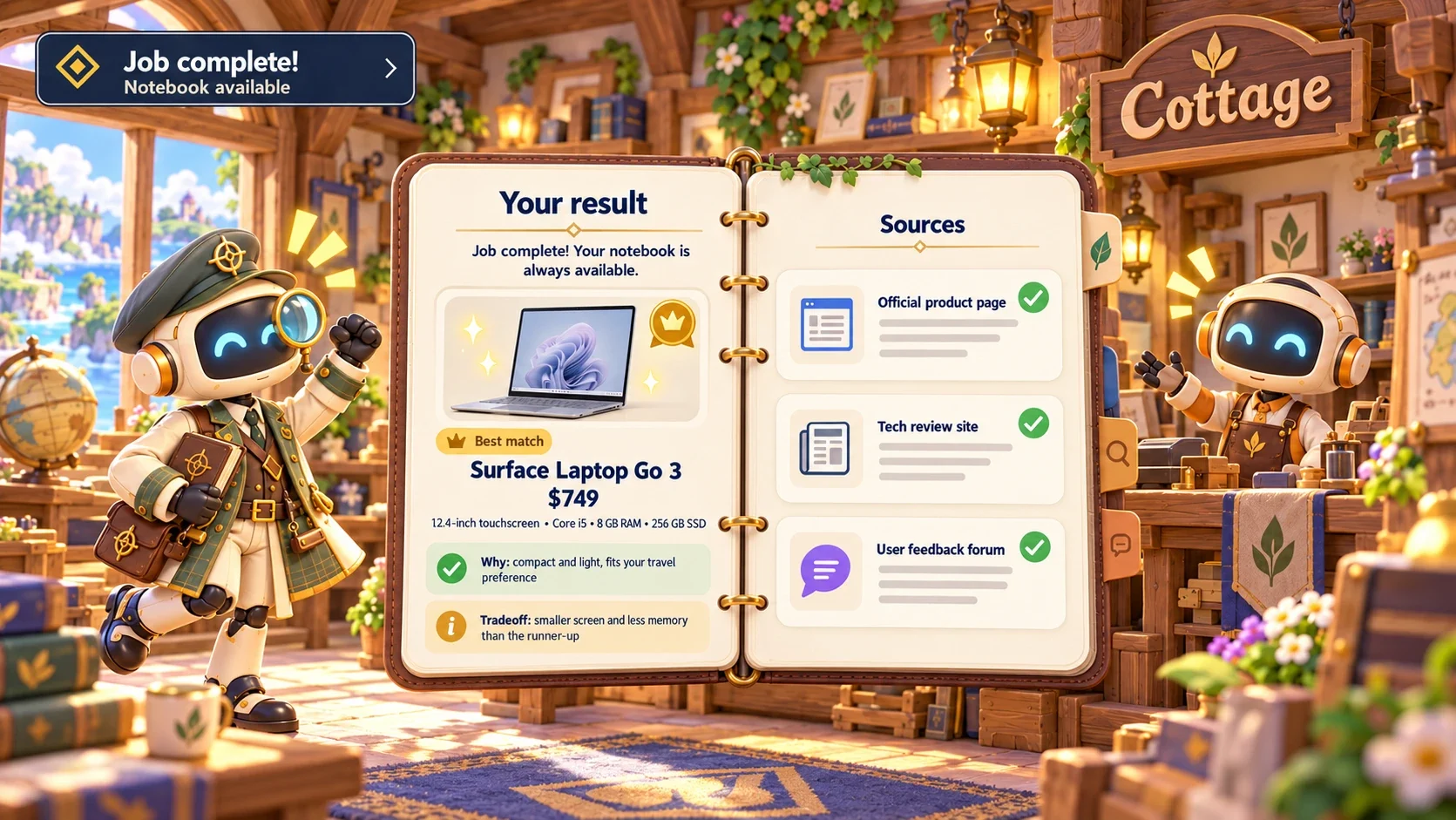 The result notebook: the best-matching laptop with checked sources