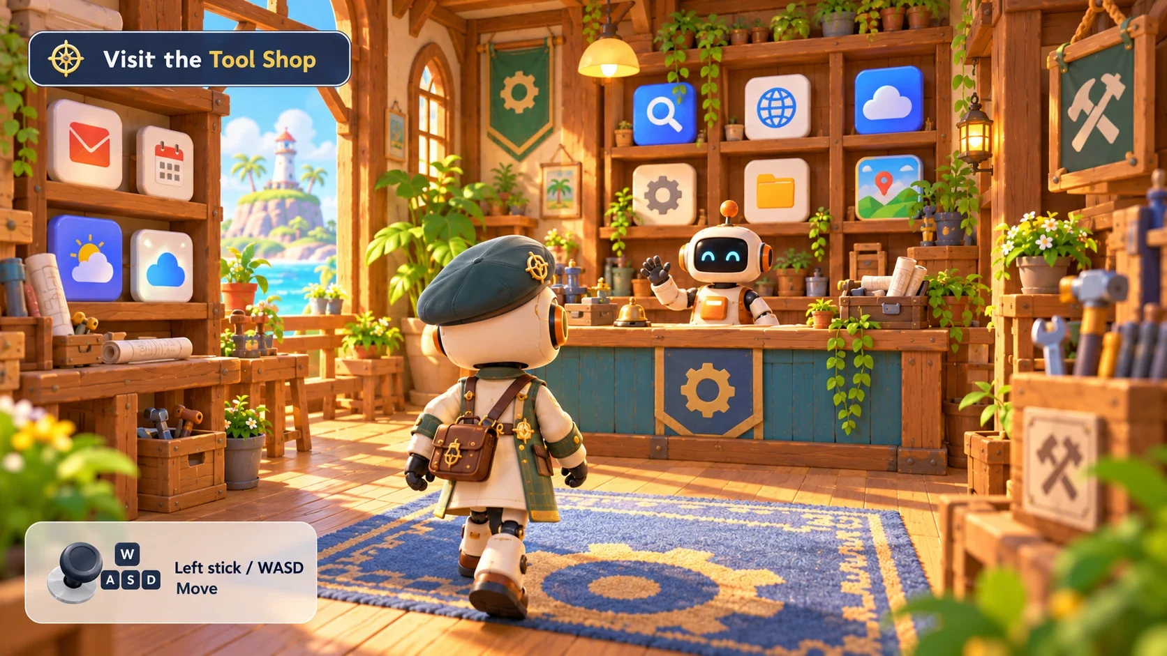 The Tool Shop, with email, calendar, search and weather tools on the shelves